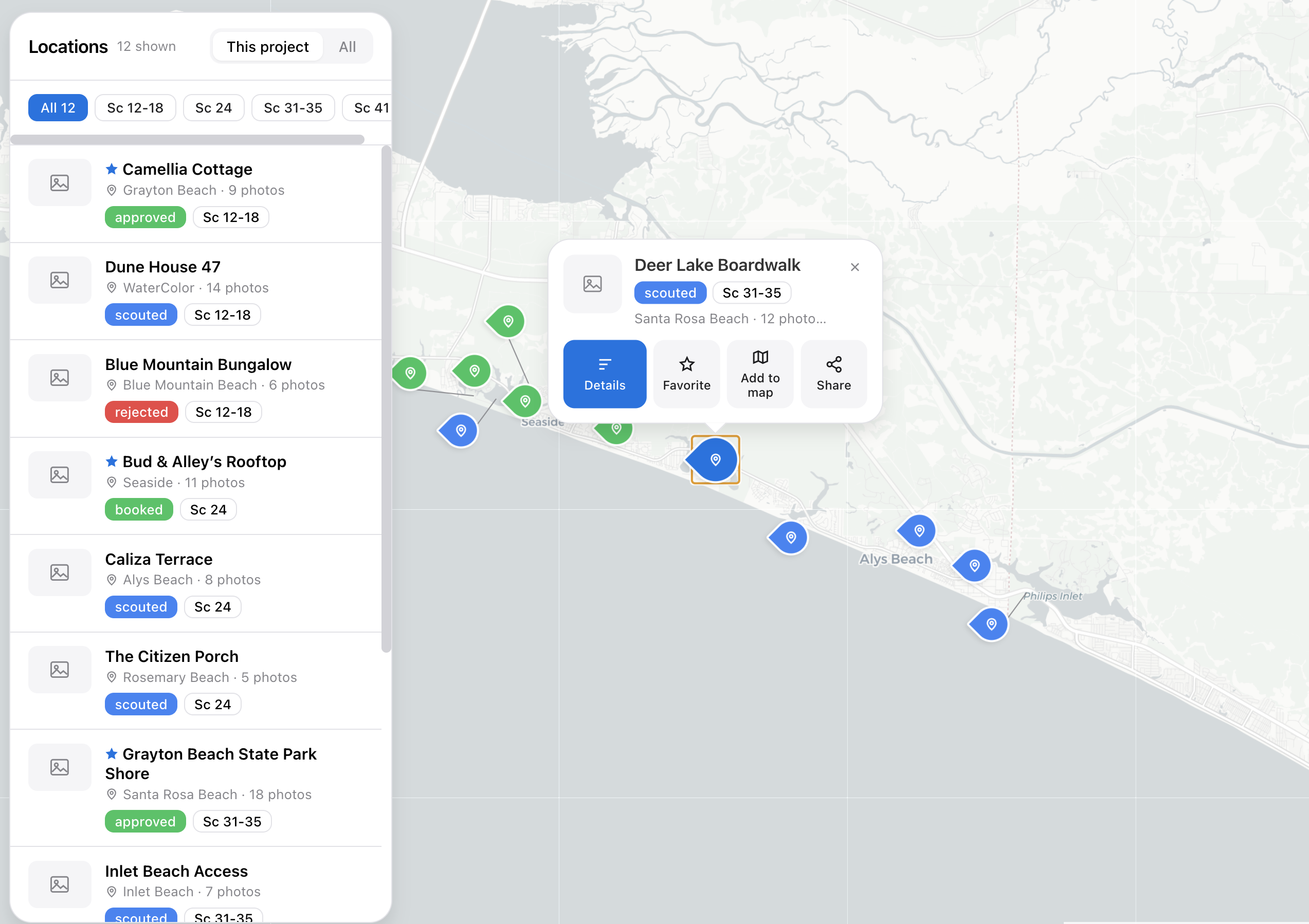Product screenshot — map workspace with a location selected