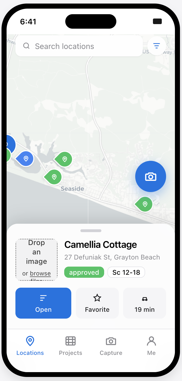 iOS capture — viewfinder with GPS stamp